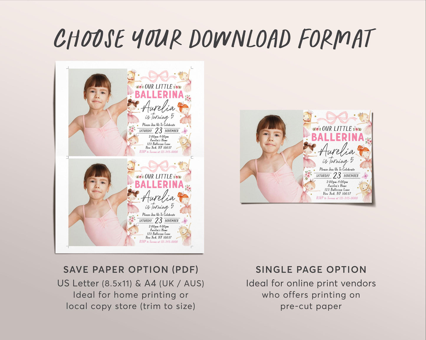 Ballerina Birthday Invitation With Photo Editable Template, Ballet Pink Tutu First Birthday Invite, Our Little Ballerina Dance Floral Evite