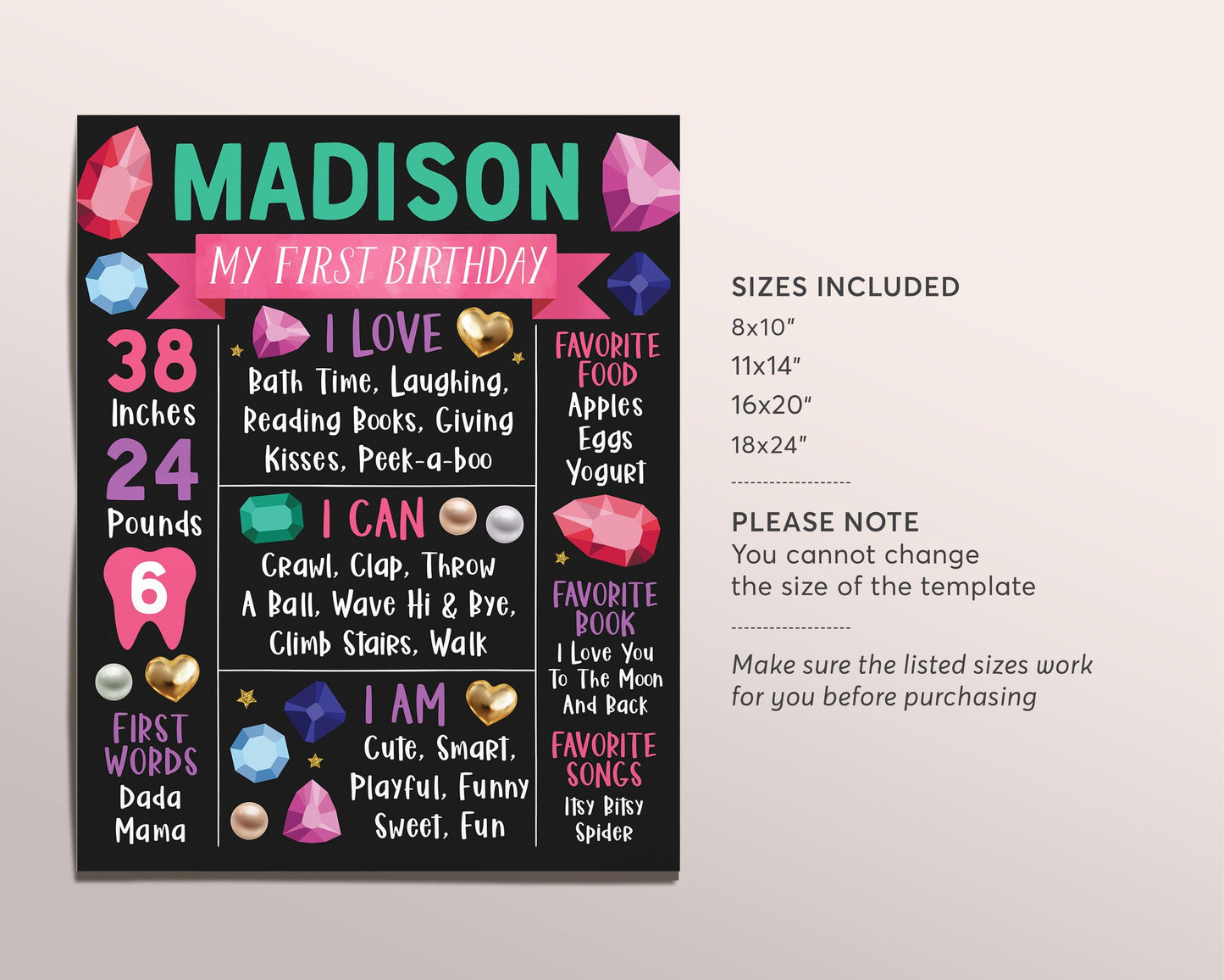 Gems First Year Milestone Sign Editable Template, Girl Gemstones Themed Birthday Party Poster, She's A Gem Geode Rocks Stats One Year Board