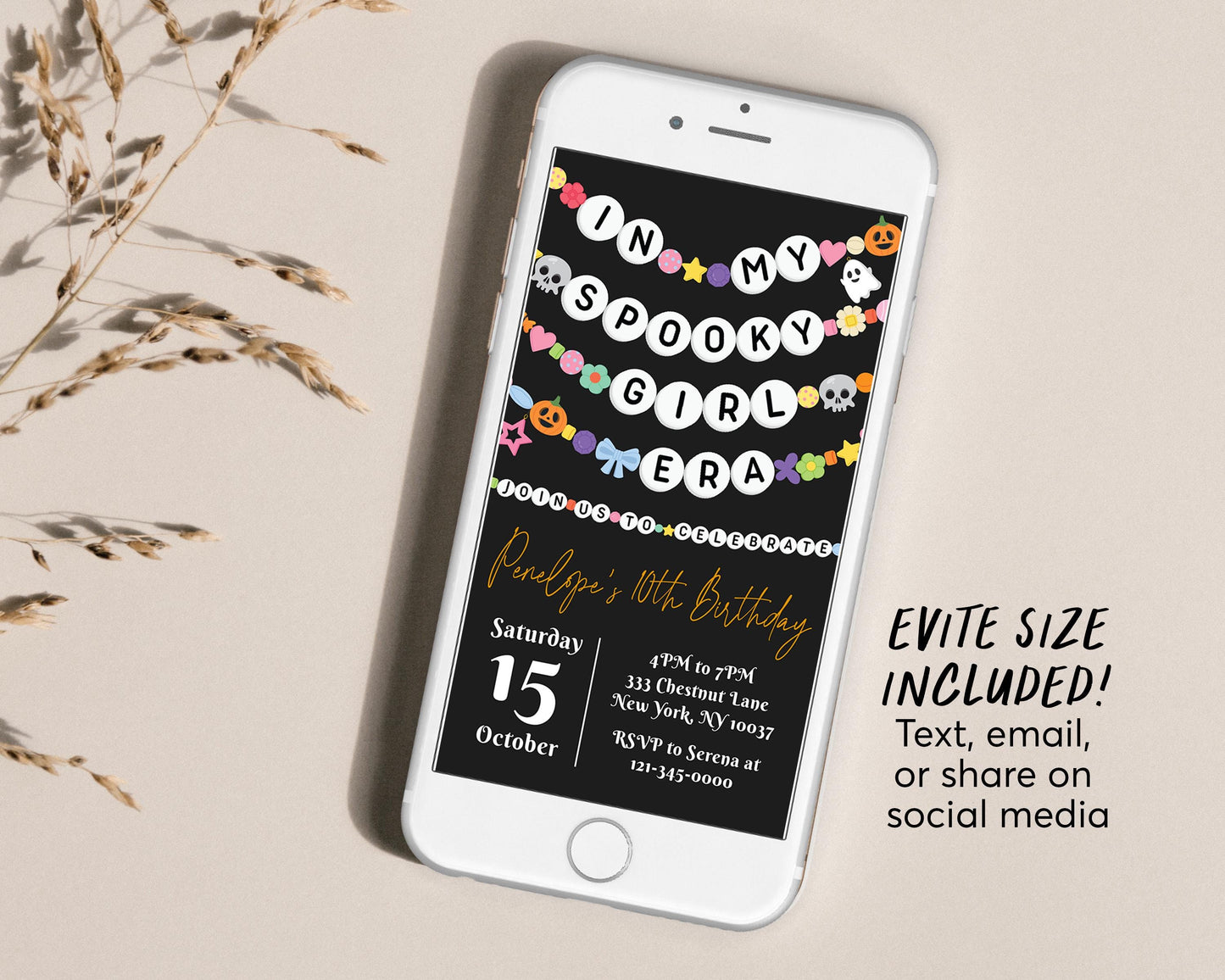 In My Spooky Girl Era Birthday Invitation Editable Template, Halloween Ghost Friendship Bracelet Party Invite, Birthday Era Black Gold Evite