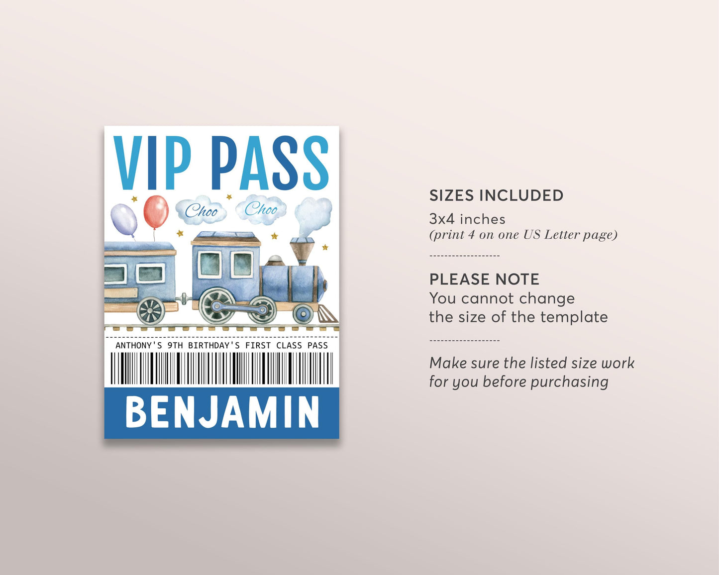 Train Birthday VIP Pass Editable Template, Boy Train Party Pit Crew Party, First Class All Access Guest Name Tag Insert ID Badge Lanyard