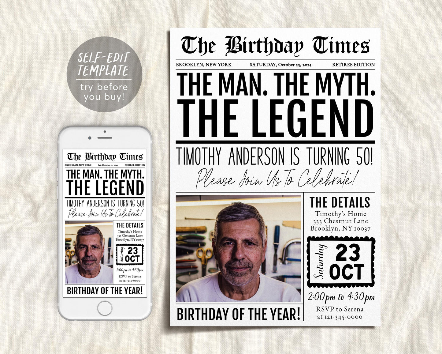 The Man The Myth The Legend Birthday Invitation Editable Template