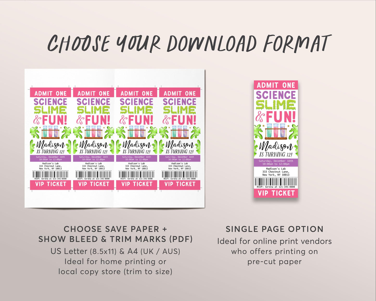 Science Slime Birthday Ticket Invitation Editable Template, Girl Scientist Slime Experiment Party Invite, Kids Slime Science Lab Party Evite
