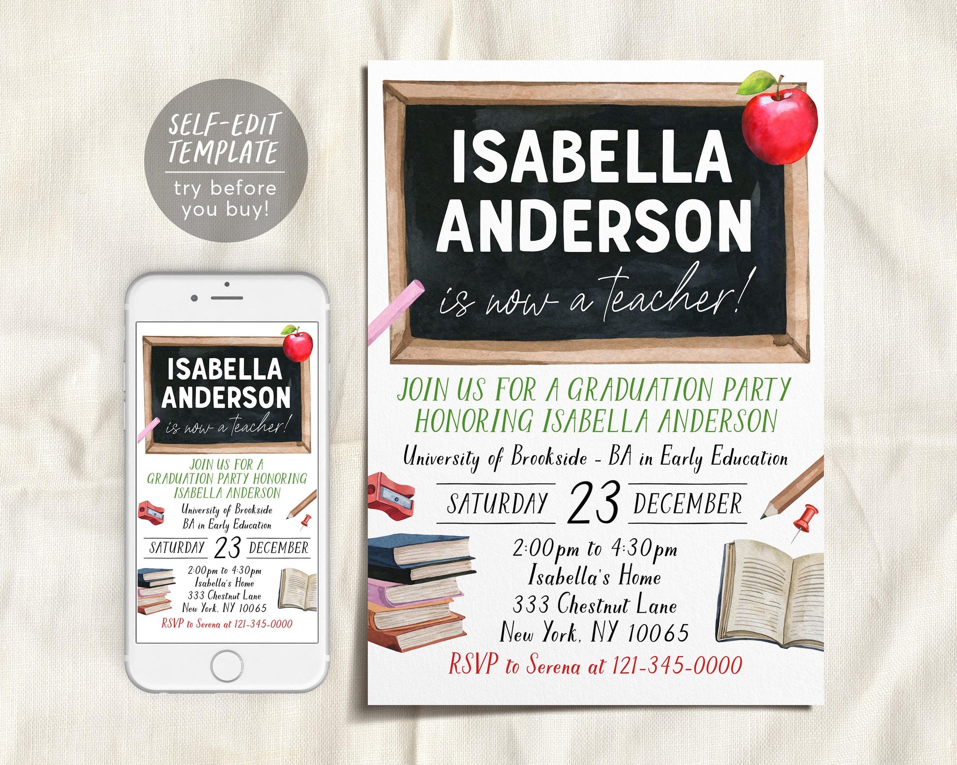 Teacher Graduation Invitation Editable Template