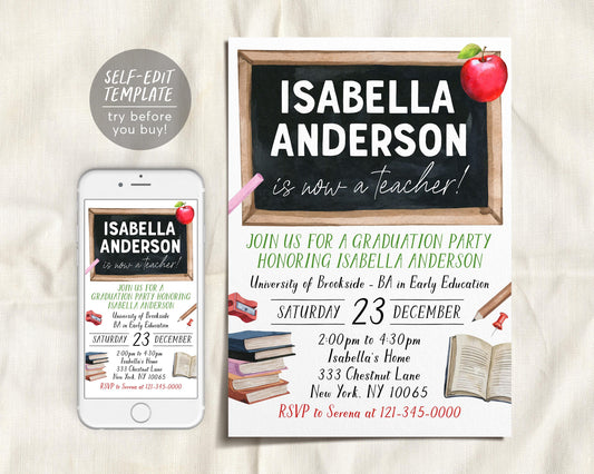 Teacher Graduation Invitation Editable Template