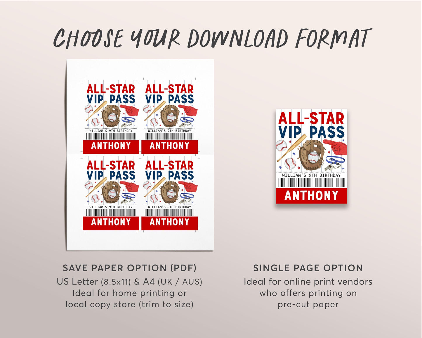 Baseball Birthday All Star VIP Pass Editable Template, Game Day Party All Access Pass, Guests Name Tag Insert ID Badge Team Lanyard Decor