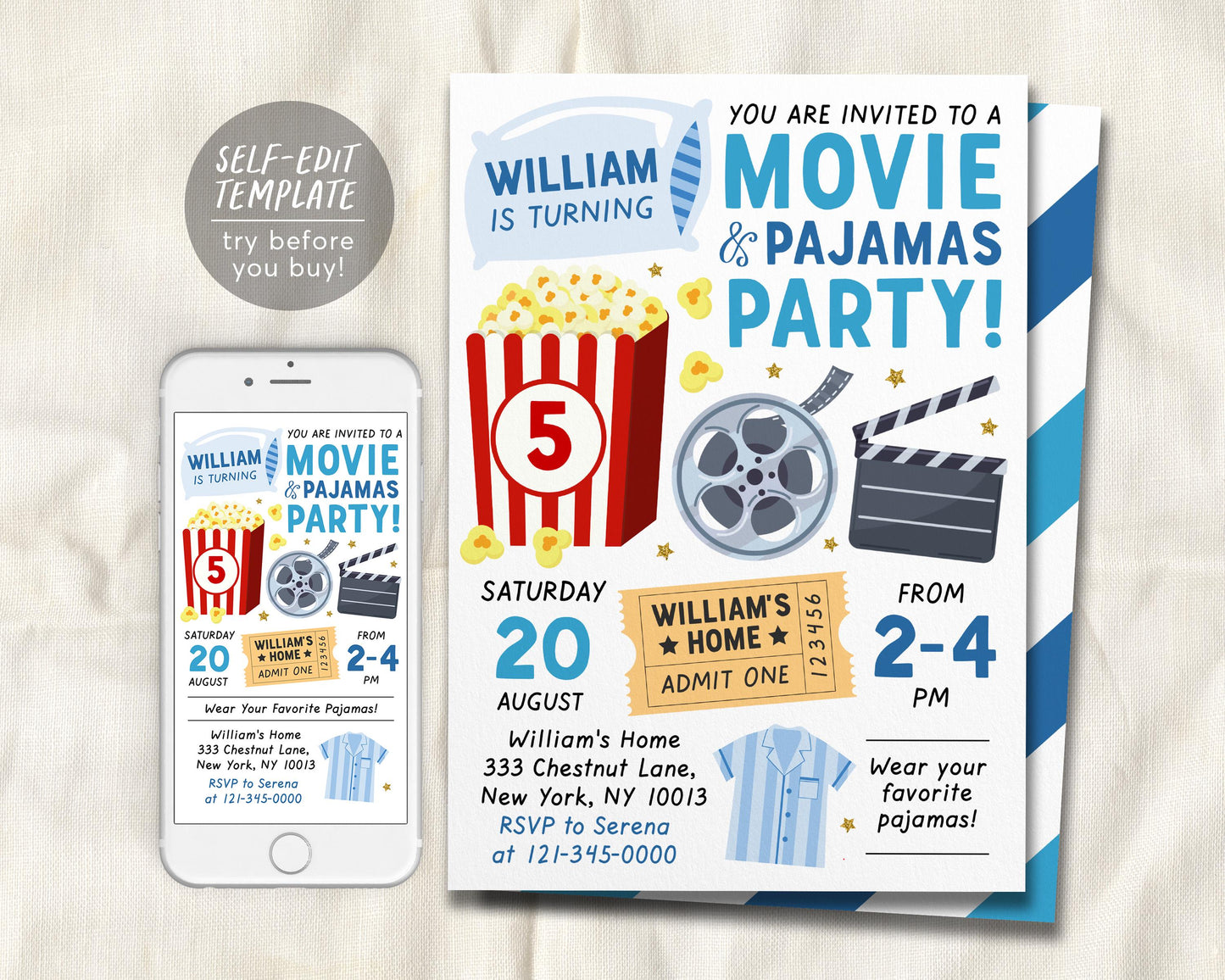Movie and Pajamas Party Birthday Invitation Editable Template