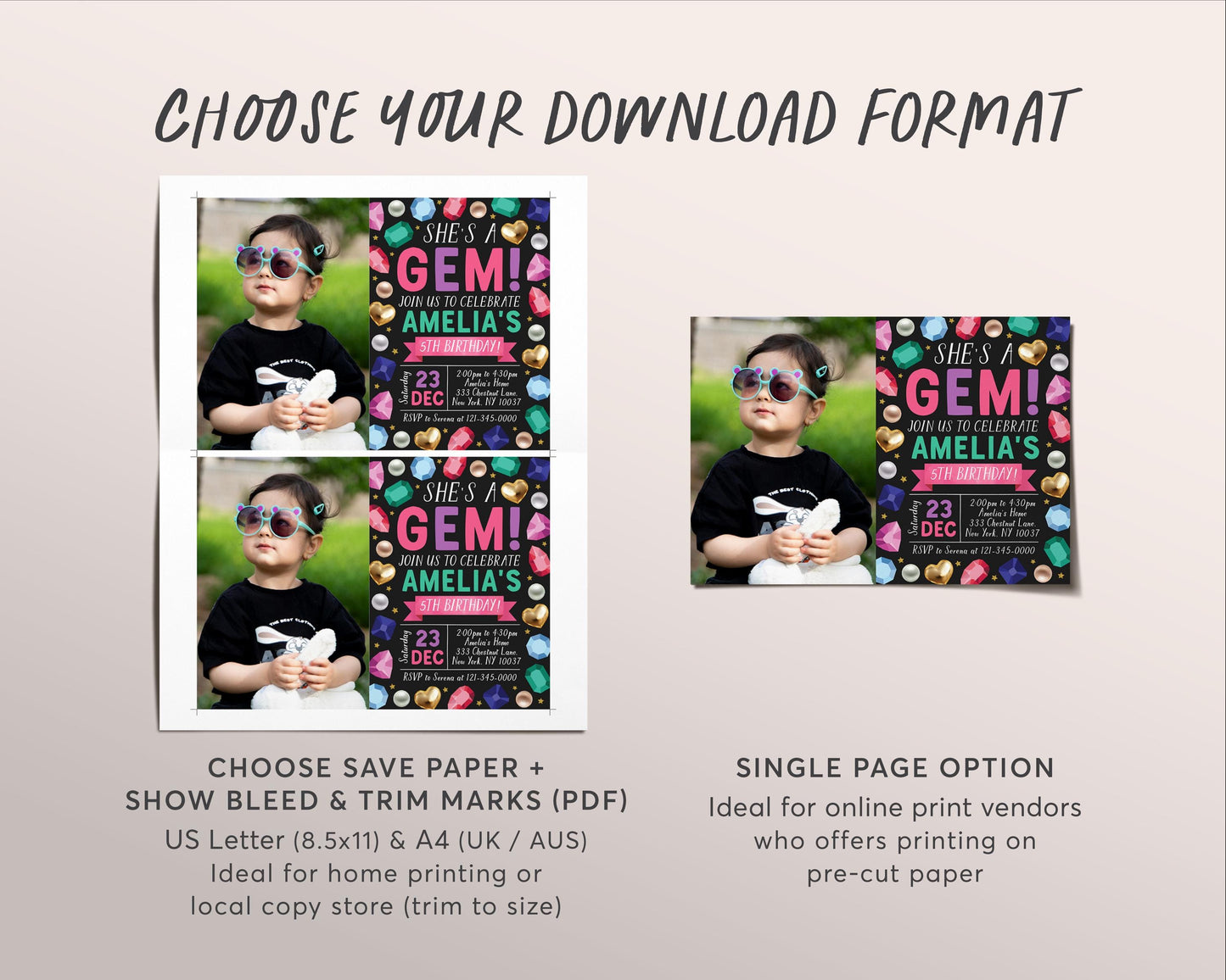 Gems Birthday Invitation With Photo Editable Template, She's A Gem Party Invite, Gemstones Geode Rocks Crystal Our Little Gem Black Evite