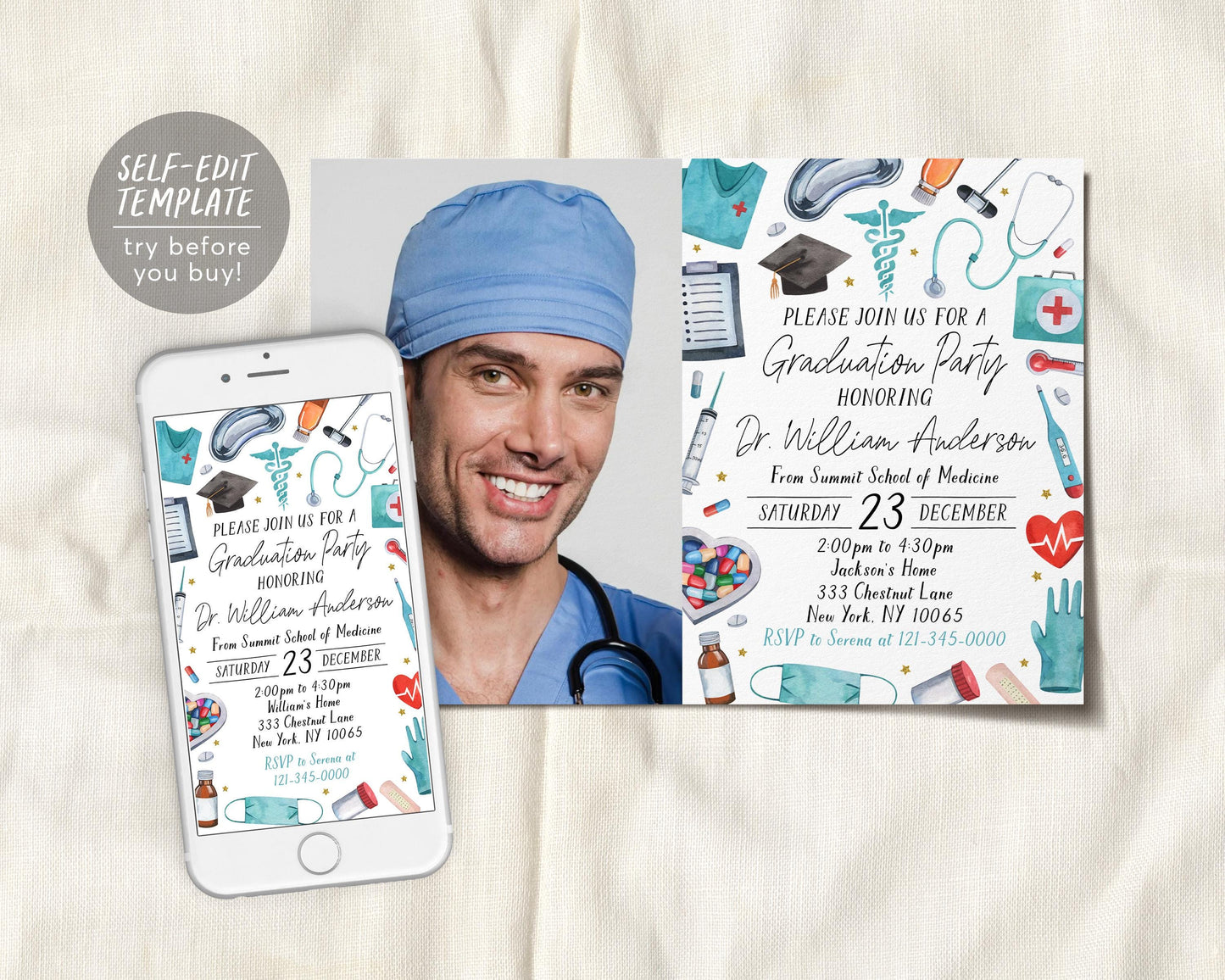 Doctor Graduation Invitation With Photo Editable Template