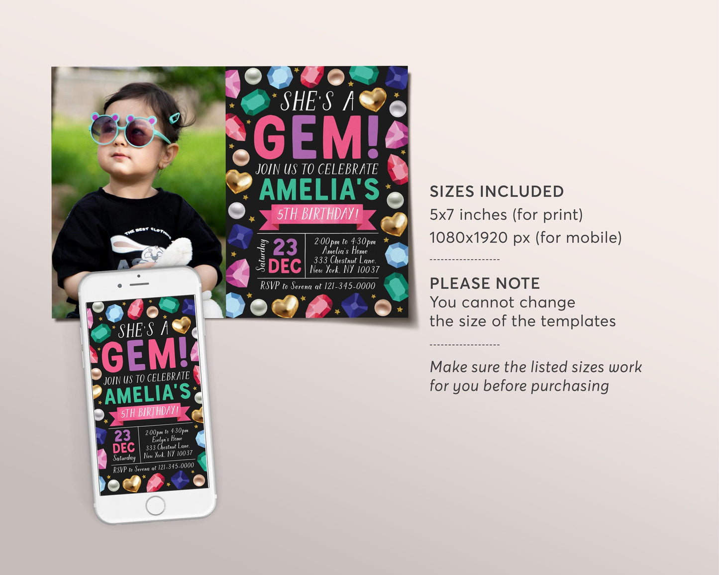 Gems Birthday Invitation With Photo Editable Template, She's A Gem Party Invite, Gemstones Geode Rocks Crystal Our Little Gem Black Evite
