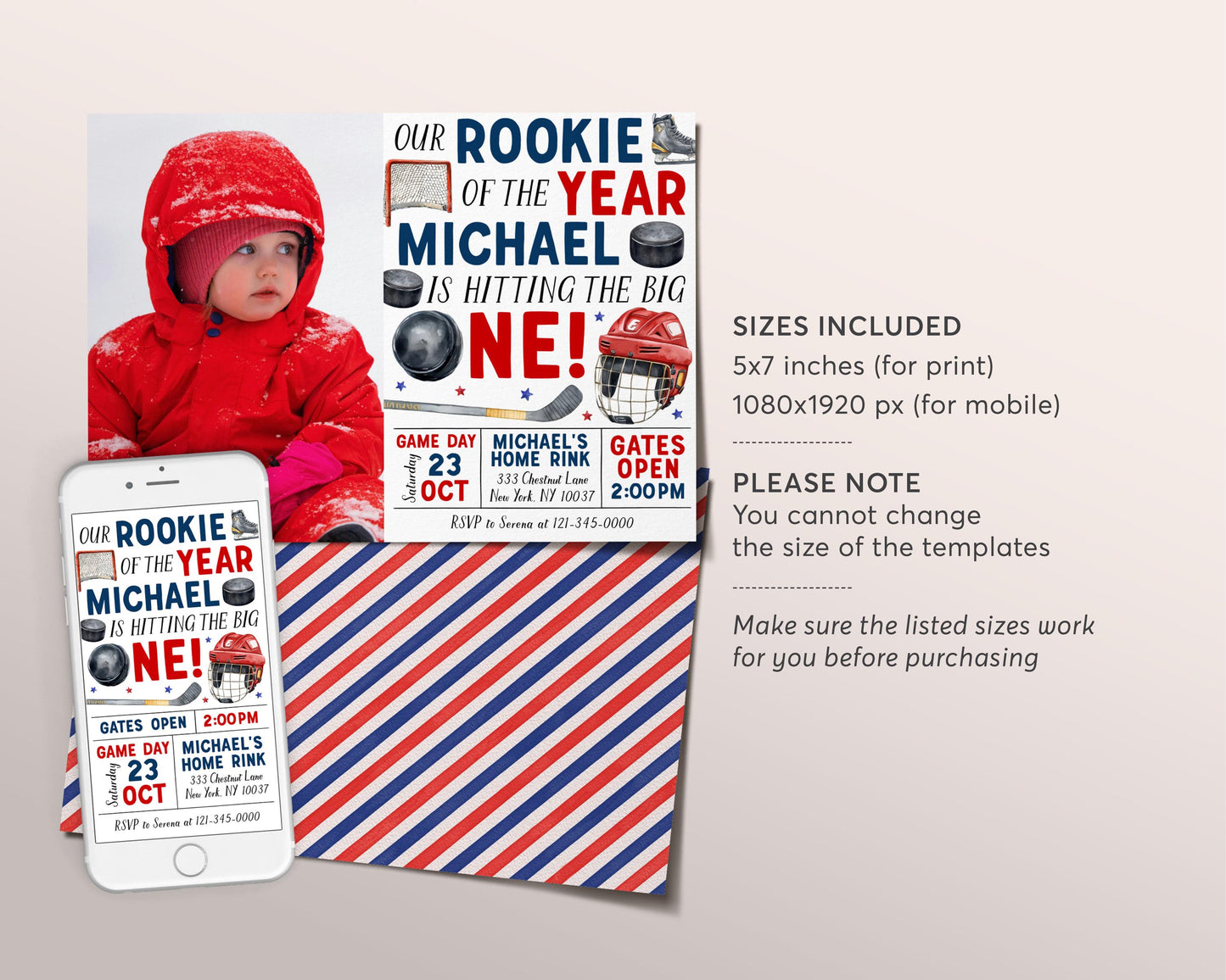 Ice Hockey First Birthday Invitation With Photo Editable Template, Rookie Of The Year Ice Skating Rink Invite, Boy Sports Game Time Evite