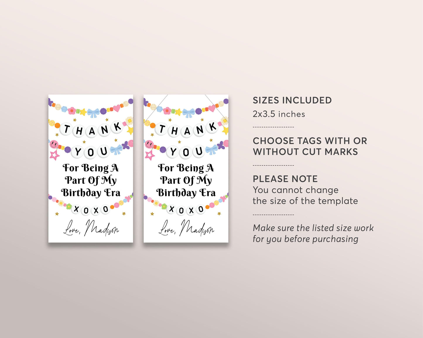 Birthday Era Friendship Bracelet Favor Tags Editable Template, Girl Eras Birthday Party Thank You Treat Bag, Music Party Gift Tag Labels