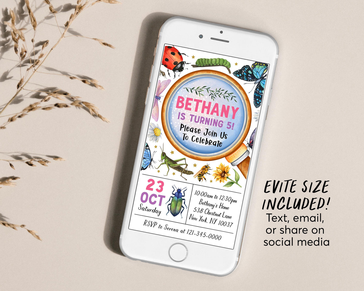 Insect Bugs Birthday Invitation With Photo Editable Template, Girl Spring Bug Party Invite, Kids Bugging Out Butterfly Hunt Garden Evite