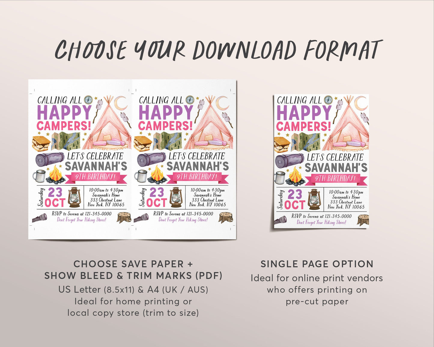 Girl Camping Birthday Invitation Editable Template, Outdoor Camp Out Party Invite, Girl Camp Checklist, Kids Tent Sleepover Glamping Evite