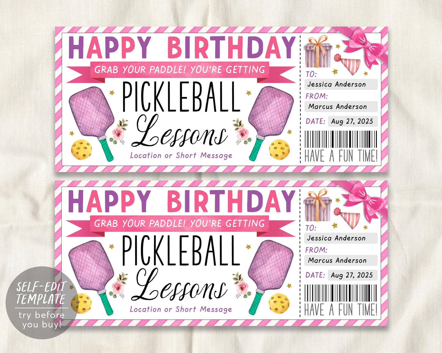 Pickleball Lessons Gift Certificate Editable Template