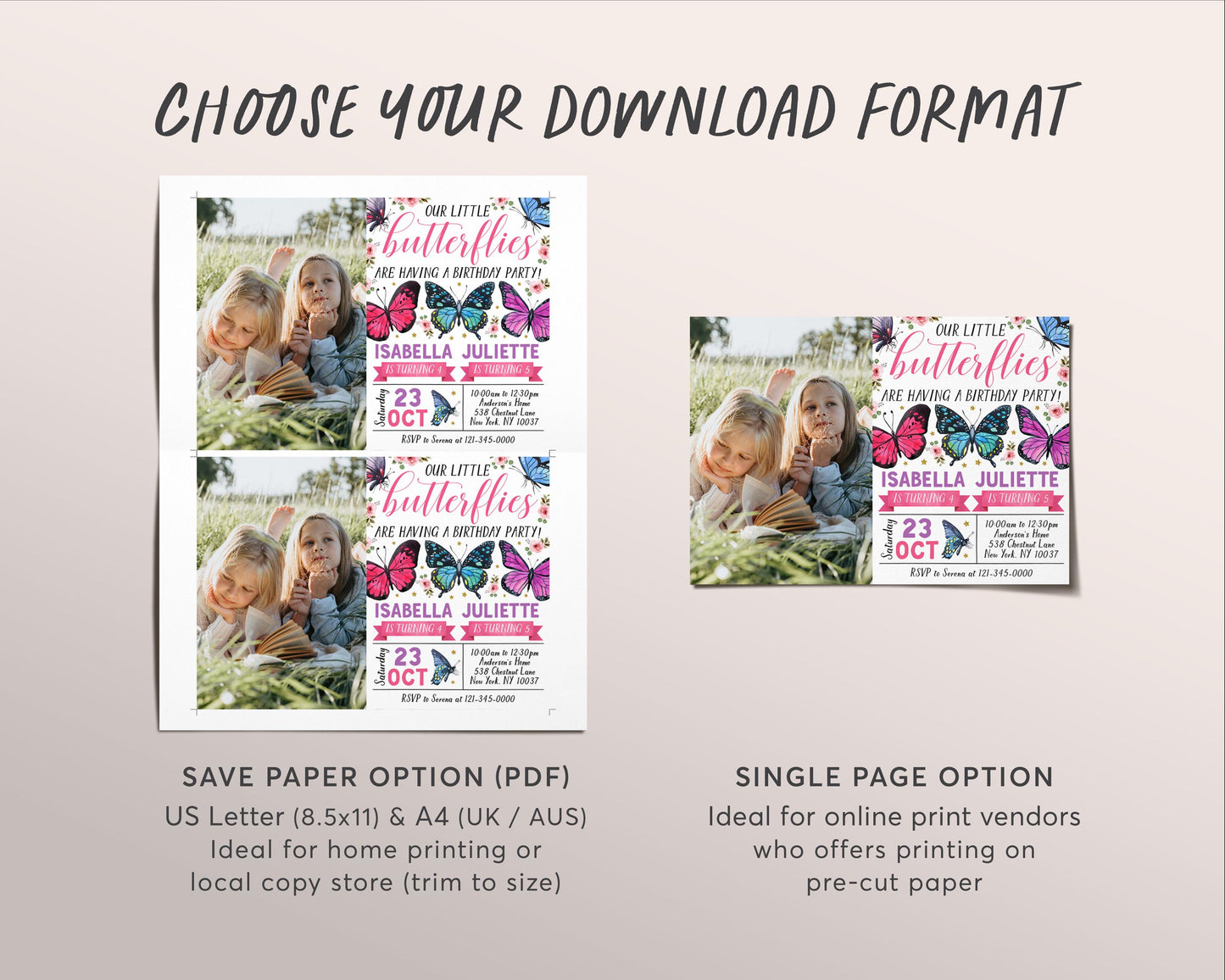 Butterfly Joint Siblings Birthday Invitation With Photo Editable Template, Twins Girl Floral Little Butterflies Party Invite, Garden Evite