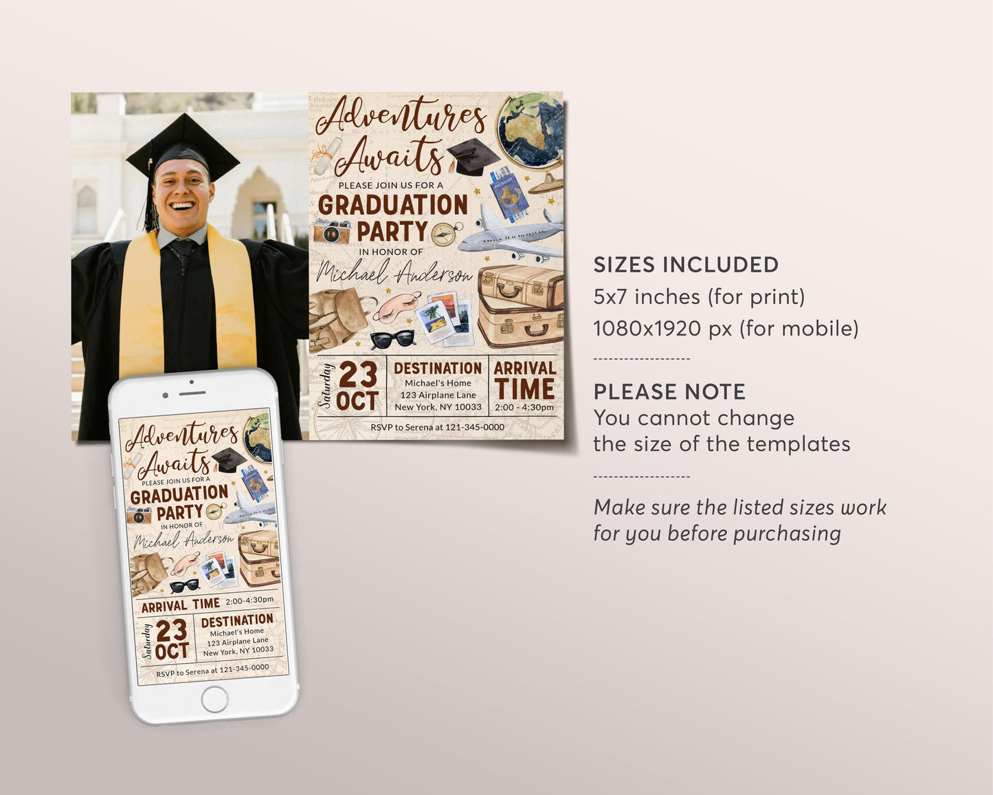 Farewell Graduation Invitation With Photo Editable Template, Travel Grad Announcement Party Invite, Around the World College High School Map