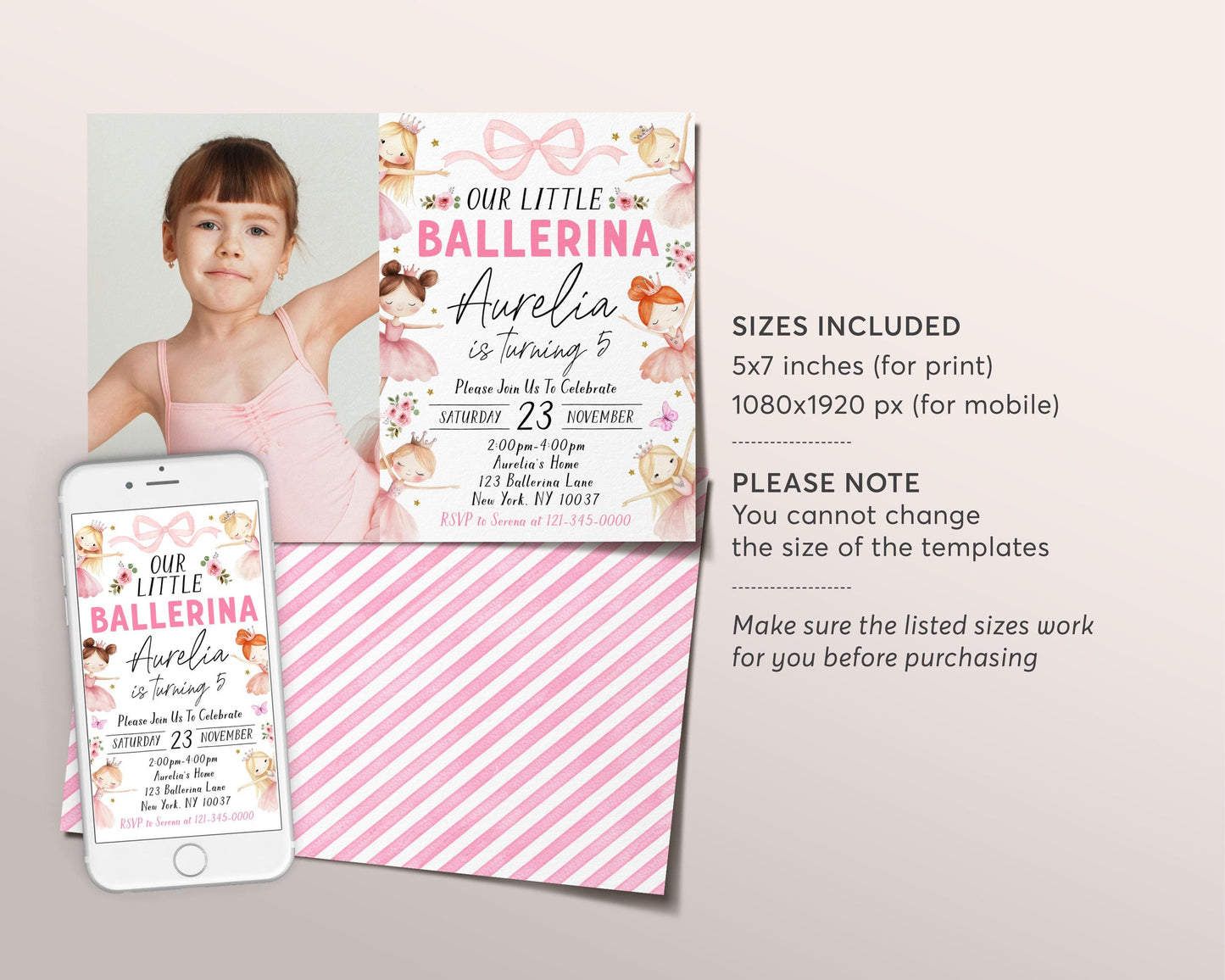 Ballerina Birthday Invitation With Photo Editable Template, Ballet Pink Tutu First Birthday Invite, Our Little Ballerina Dance Floral Evite