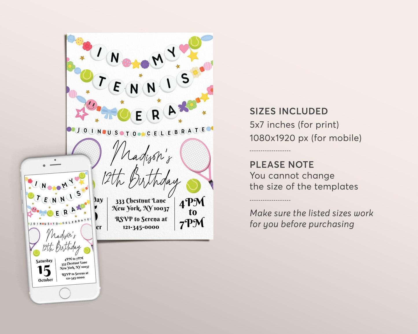 In My Tennis Era Birthday Invitation Editable Template, Tennis Friendship Bracelet Party Invite, Sports Game Day Match Tournament Eras Evite