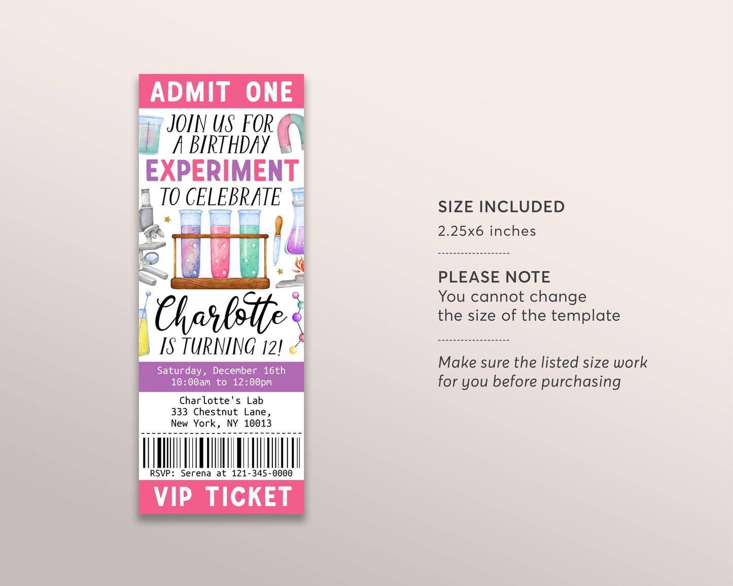 Science Birthday Ticket Invitation Editable Template, Girl Birthday Experiment Invite, Science Lab Calling All Mad Scientists Party Evite