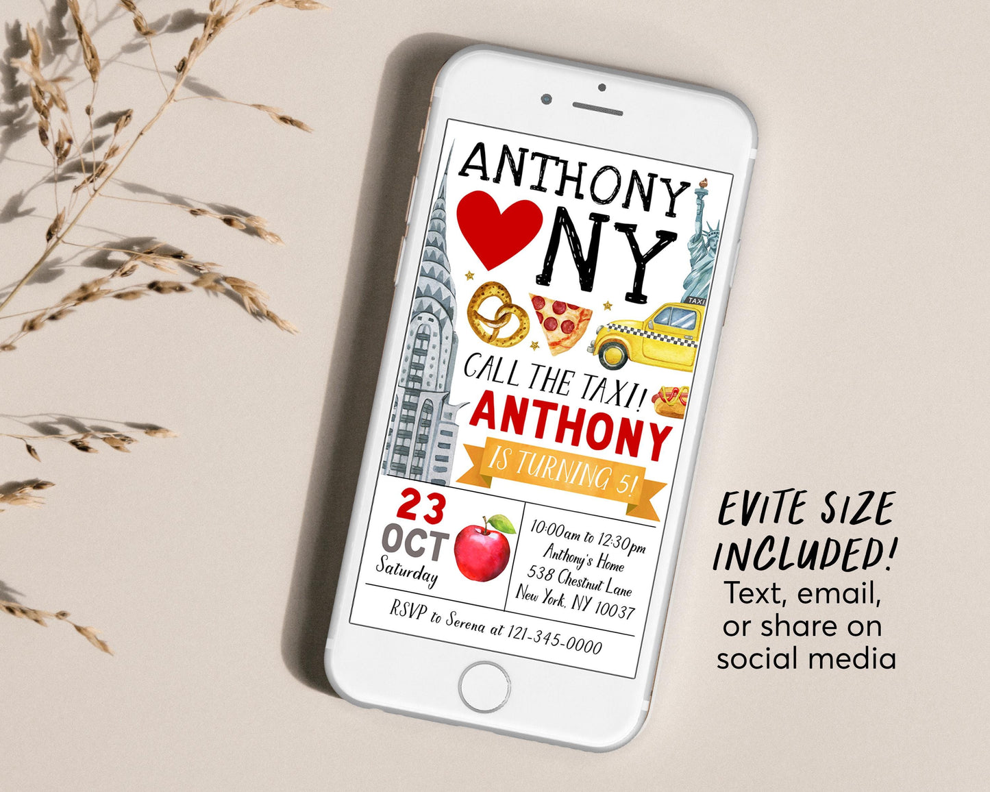 New York City Birthday Invitation With Photo Editable Template, Unisex NYC Party Invite, Big Apple Kids Tween Teen Evite, Pretzel Pizza Taxi