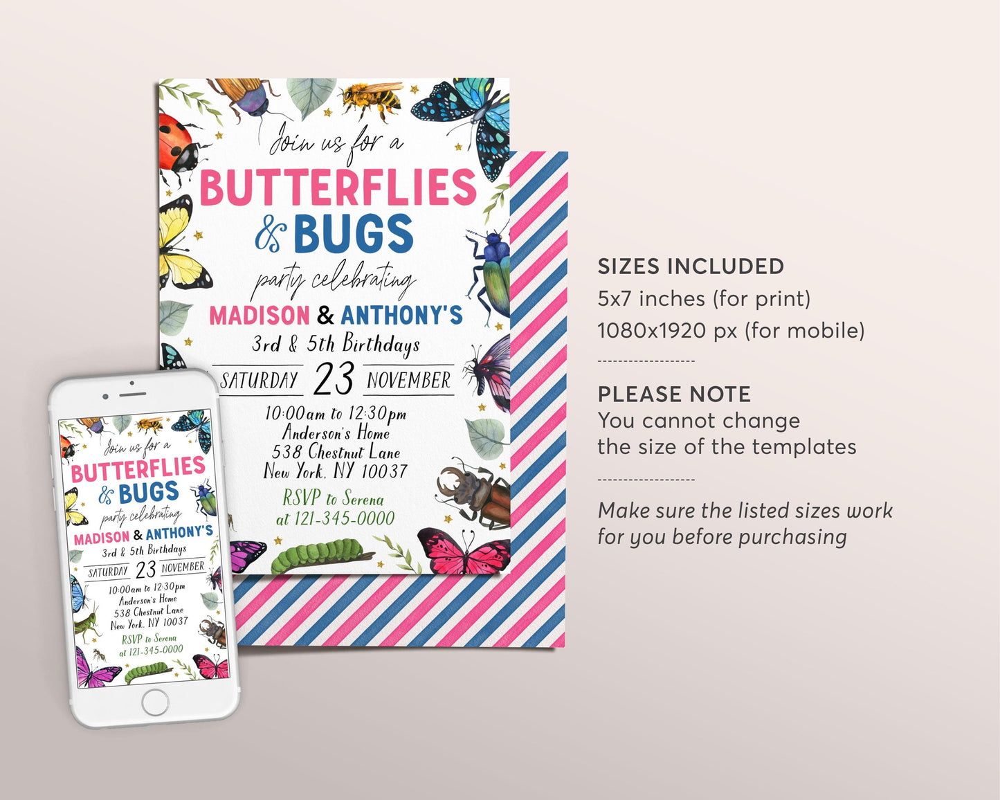 Butterflies and Bugs Joint Siblings Birthday Invitation Editable Template, Twins Girl Boy Butterfly Insect Party Invite, Kids Bug Hunt Evite