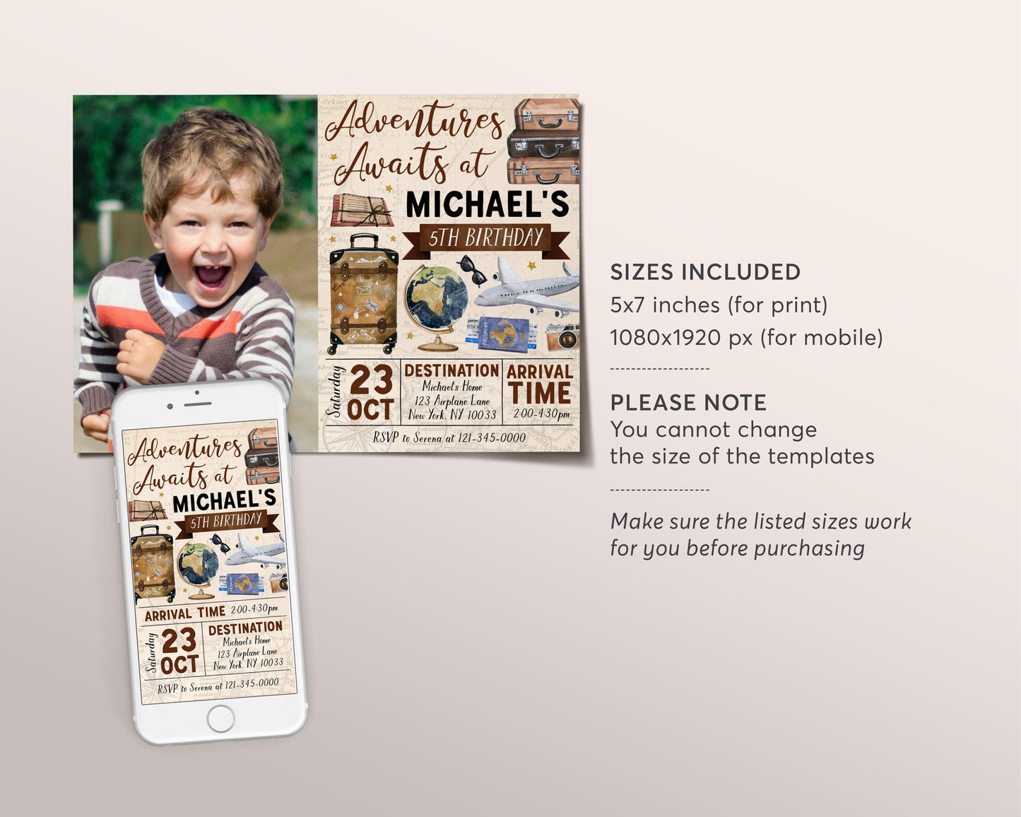 Adventure Awaits Travel Birthday Invitation With Photo Editable Template, Around the World Party Invite, Vintage Map Passport Plane Evite