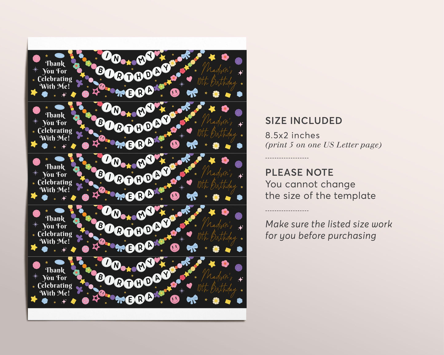 In My Birthday Era Water Bottle Labels Editable Template, Eras Friendship Bracelet Party Bottle Wrapper Drink Tags, Music Black Gold Wrap