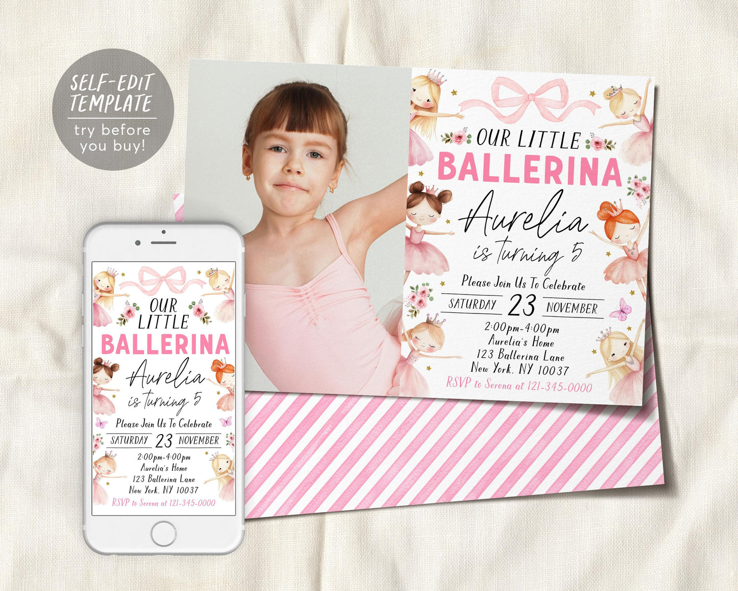 Ballerina Birthday Invitation With Photo Editable Template