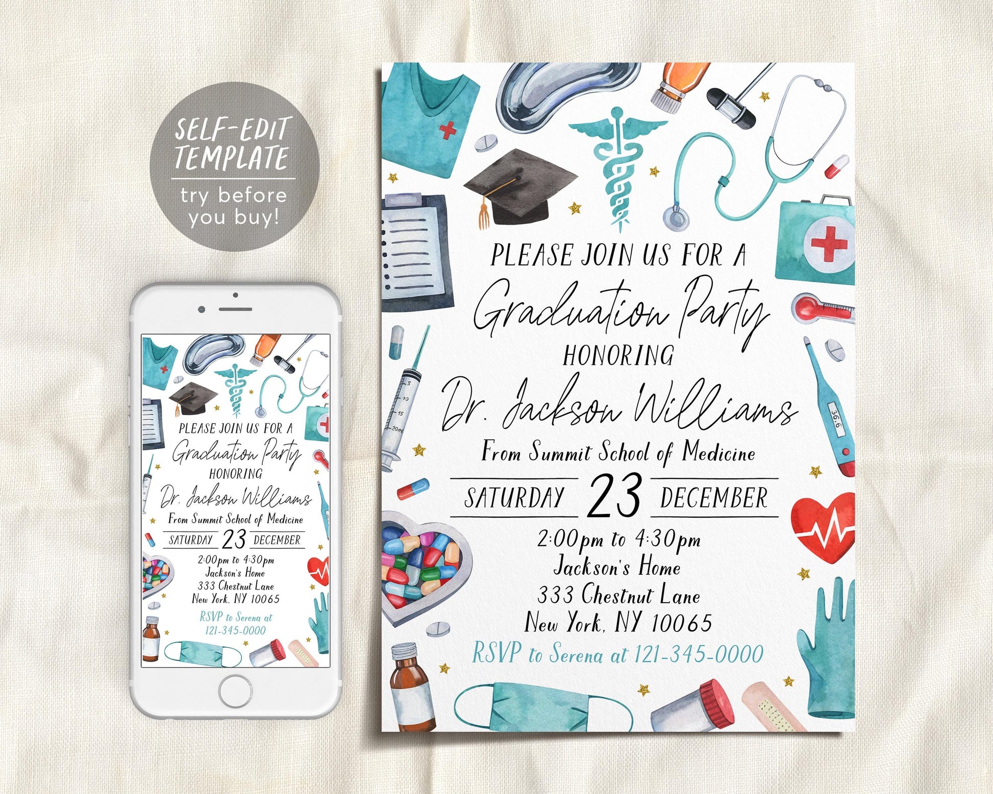 Doctor Graduation Invitation Editable Template