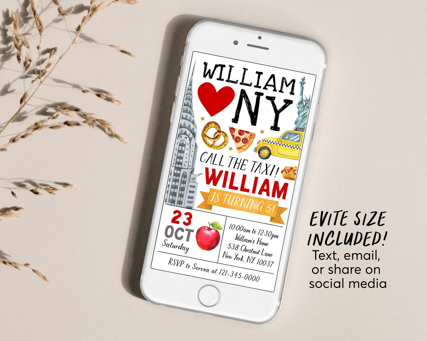 New York City Birthday Invitation Editable Template, Unisex NYC Party Invite, Big Apple Kids Tween Teen Evite, Pretzel Pizza Taxi Printable