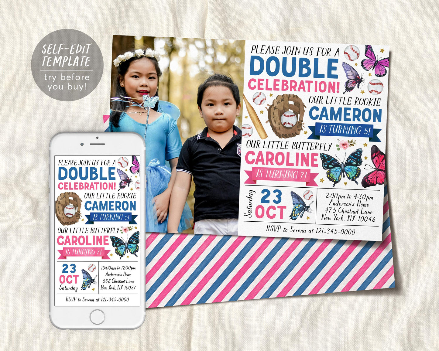 Butterfly Baseball Joint Siblings Birthday Invitation With Photo Editable Template