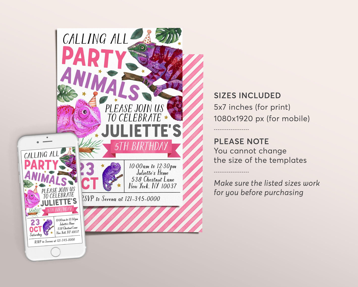 Chameleon Birthday Invitation Editable Template, Girl Reptile Lizard Party Animal Invite, Chameleons Theme Nature Jungle Rainforest Evite