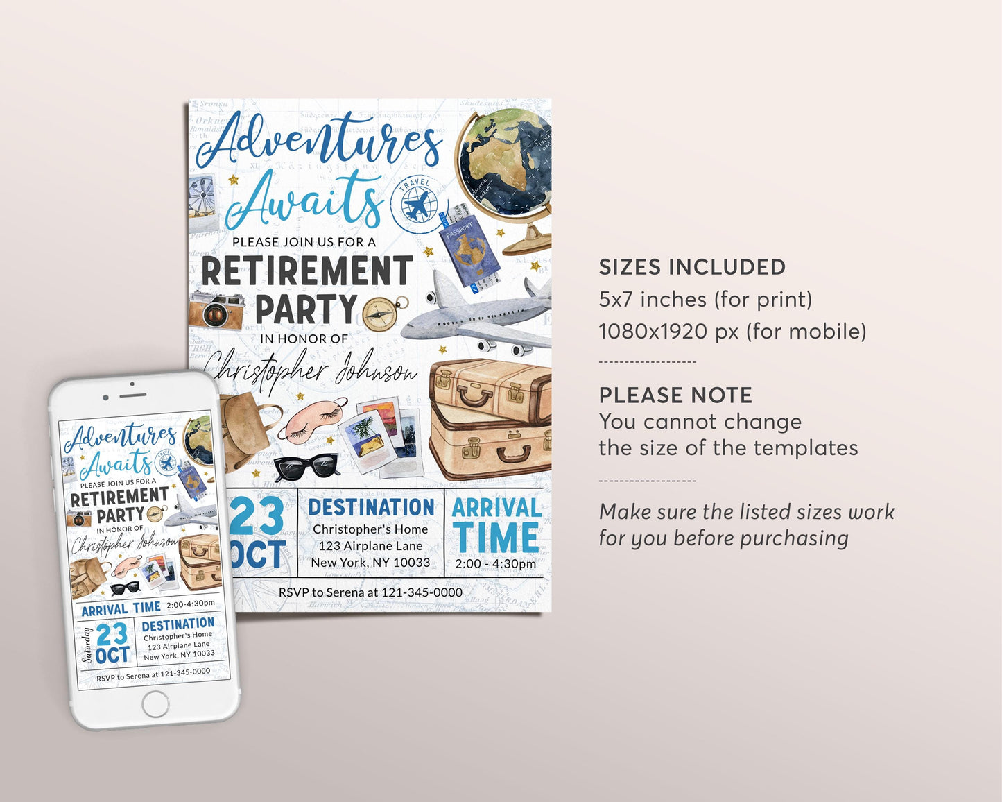 Travel Retirement Invitation Editable Template, Blue Adventure Awaits Retirement Farewell Party Invite, Around The World Airplane Evite