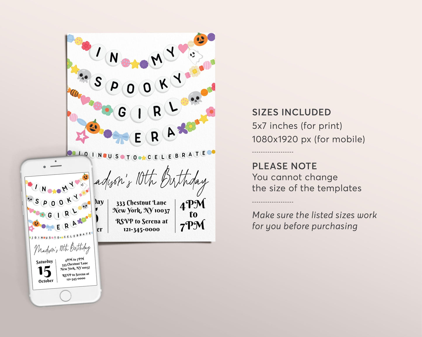 In My Spooky Girl Era Birthday Invitation Editable Template, Halloween Ghost Friendship Bracelet Party Invite, Spooky Birthday Era Evite
