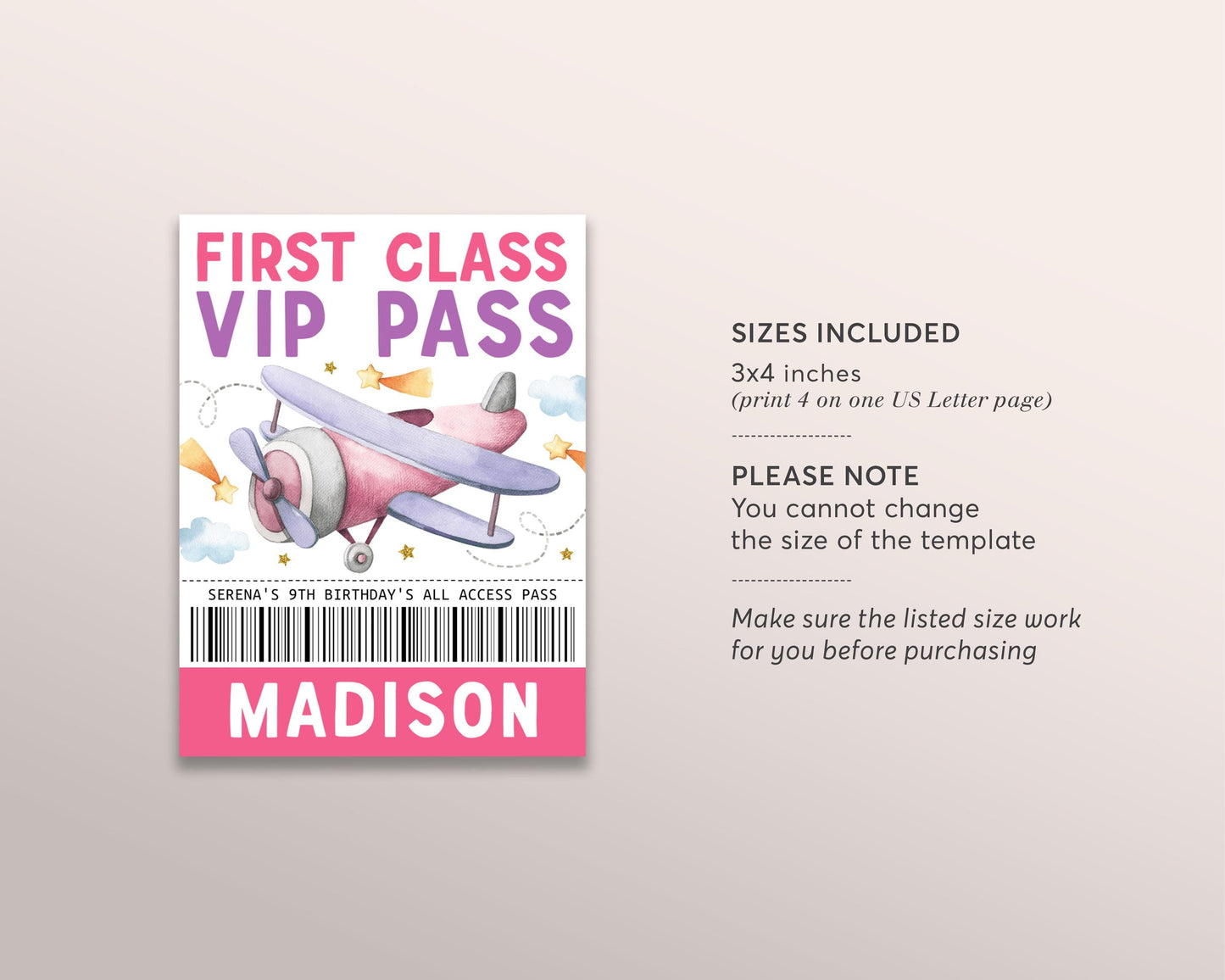 Airplane Birthday VIP Pass Editable Template, Girl Aviation Plane Party All Access Pass, Flight Crew Guest Name Tag Insert ID Badge Lanyard