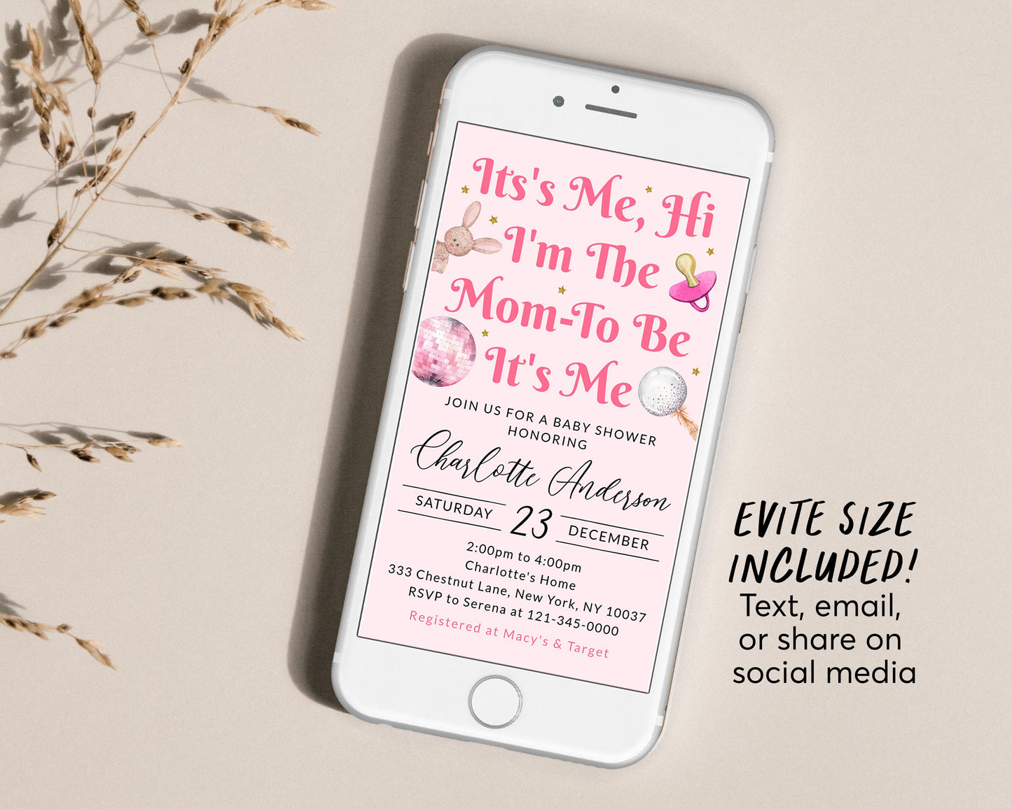 It's Me Hi I'm The Mom To Be Its Me Invitation Editable Template, Eras Baby Shower Invite, In Her Mom Era Baby Sprinkle Party Music Evite