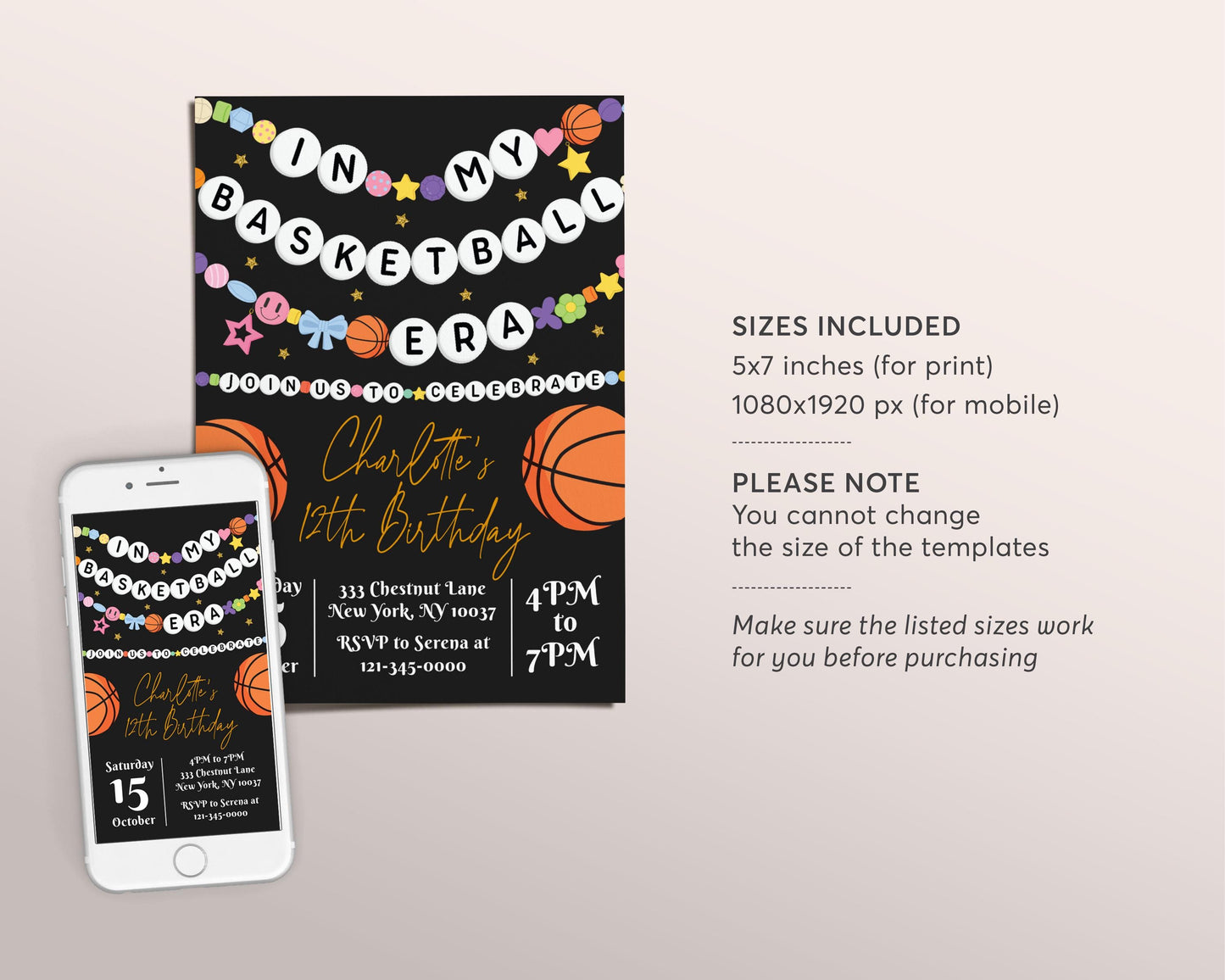 In My Basketball Era Birthday Invitation Editable Template, Basketball Friendship Bracelet Party Invite, Slam Dunk Eras Black Gold Evite