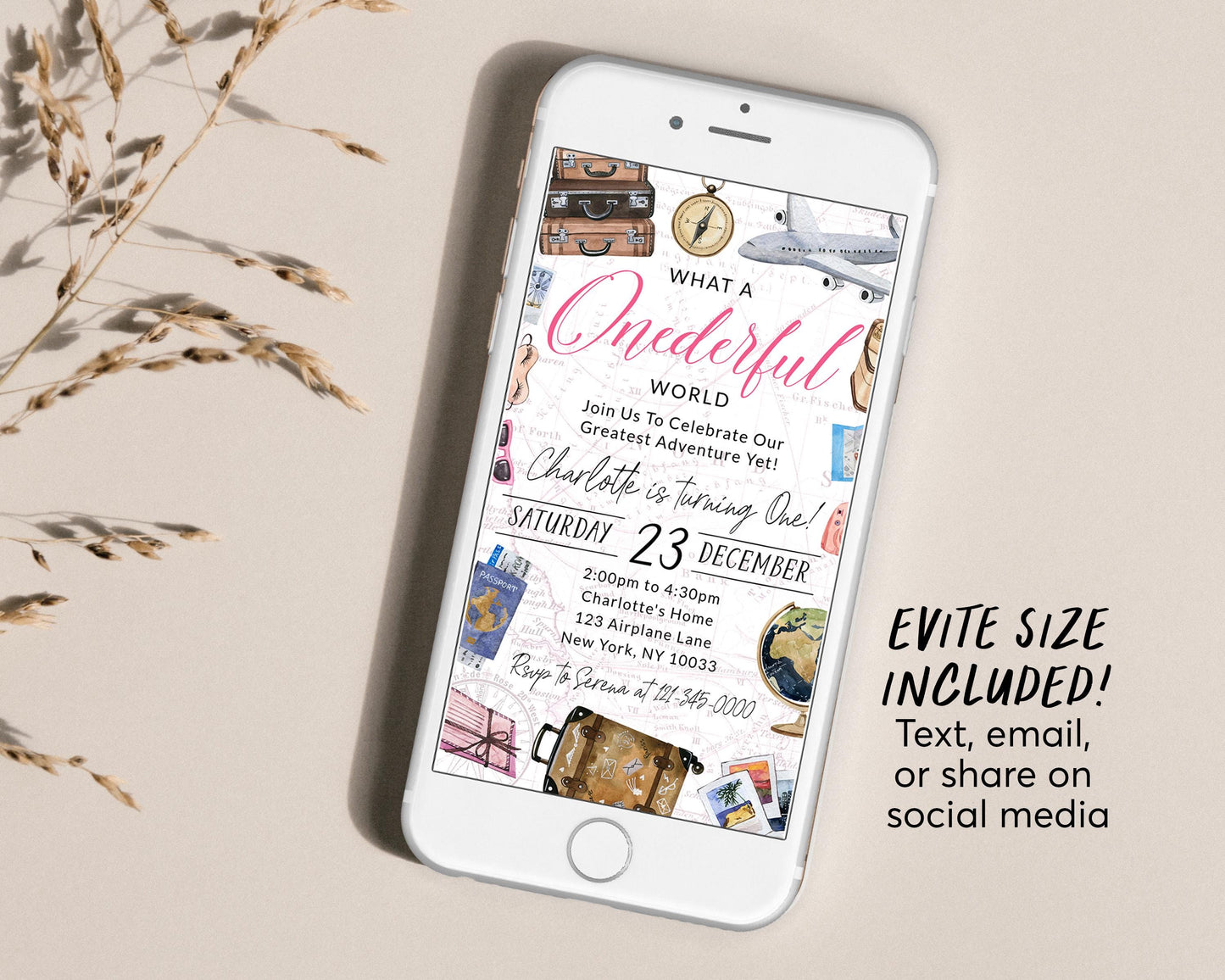 What A Onederful World First Birthday Invitation Editable Template, Girl Travel Around the World Party Invite, Vintage World Map Plane Evite