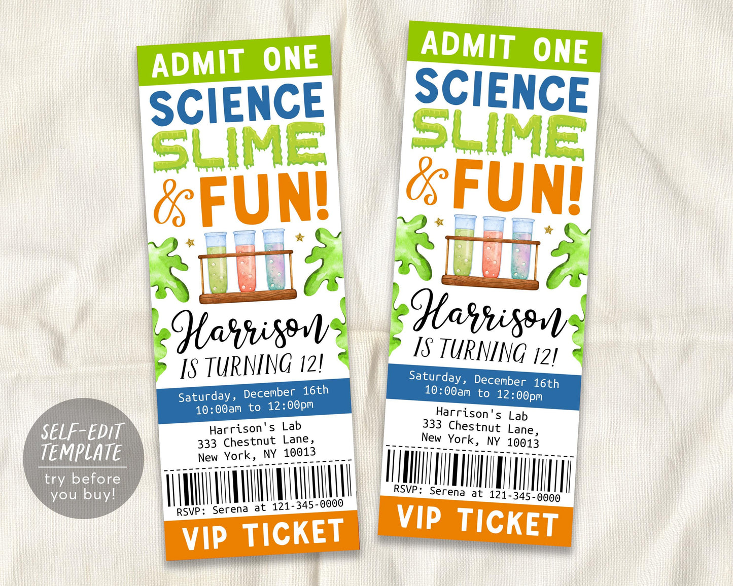 Science Slime Birthday Ticket Invitation Editable Template