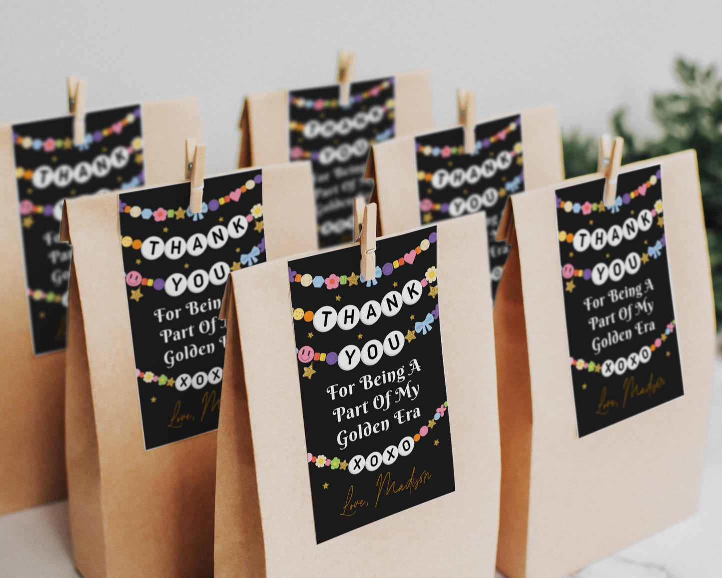 Golden Era Friendship Bracelet Favor Tags Editable Template, Girl Eras In My Birthday Era Party Thank You Treat Bag, Music Party Gift Tag