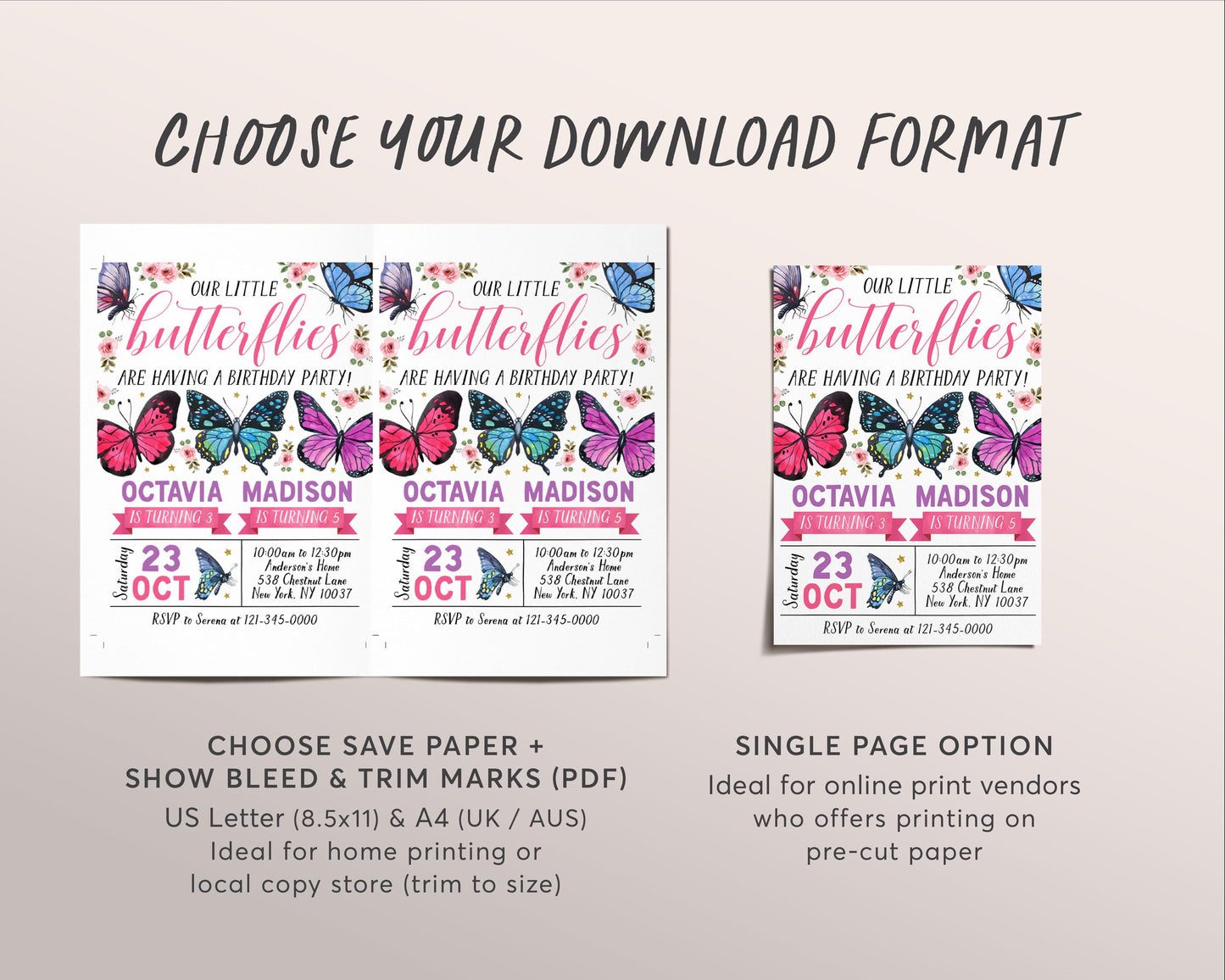 Butterfly Joint Siblings Birthday Invitation Editable Template, Twins Girl Floral Little Butterflies Party Invite, Butterfly Garden Evite