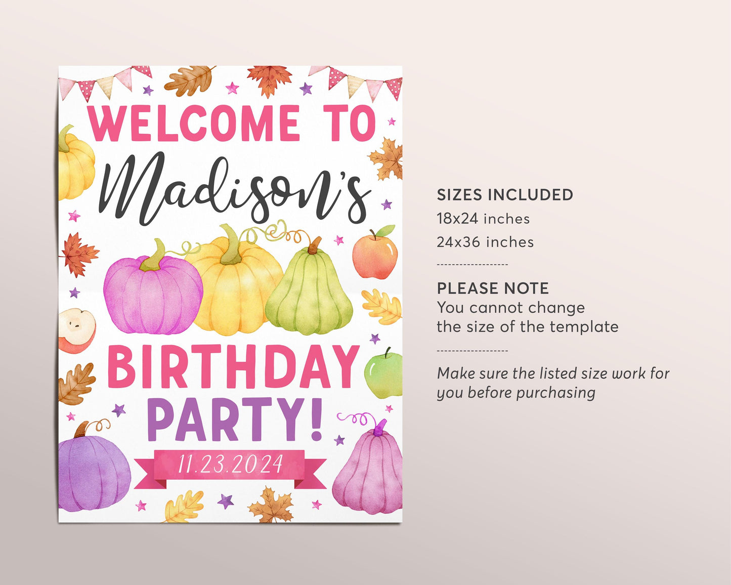 Pumpkin Welcome Birthday Sign Editable Template, Girl Fall Autumn Our Little Pumpkin Patch Birthday Party Welcome Poster, Apple and Pumpkins