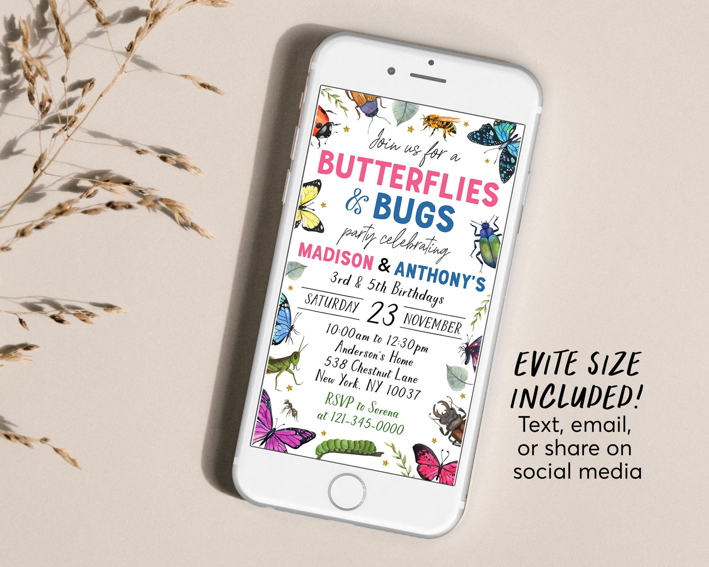 Butterflies and Bugs Joint Siblings Birthday Invitation Editable Template, Twins Girl Boy Butterfly Insect Party Invite, Kids Bug Hunt Evite