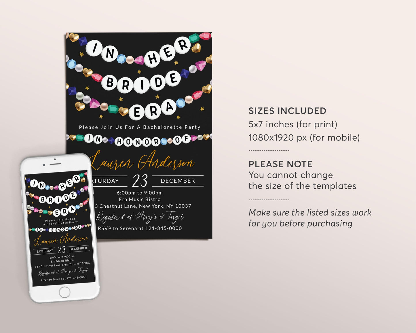 In Her Bride Era Invitation Editable Template, Eras Bridal Shower Party Invite, Bachelorette Party Friendship Bracelet Black Gold Evite