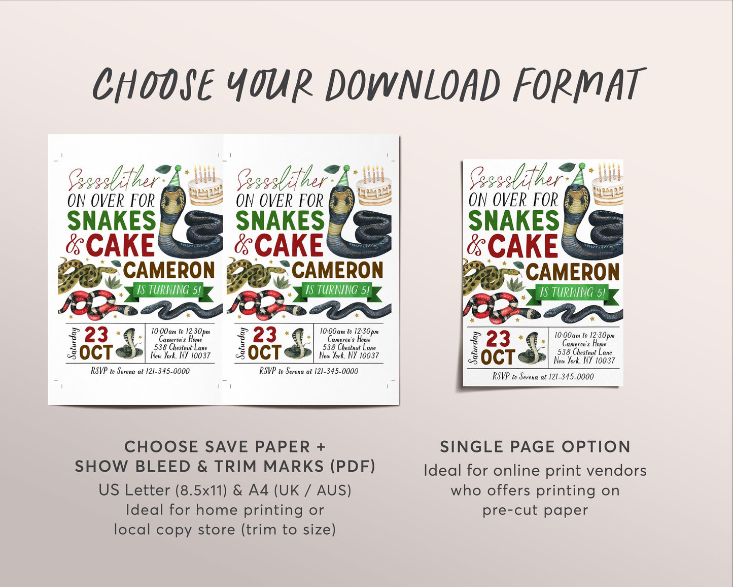 Snake Birthday Invitation Editable Template, Boy Snake And Cake Nature Theme Party Invite, Kids Slither On Over Reptile Show Outdoor Evite