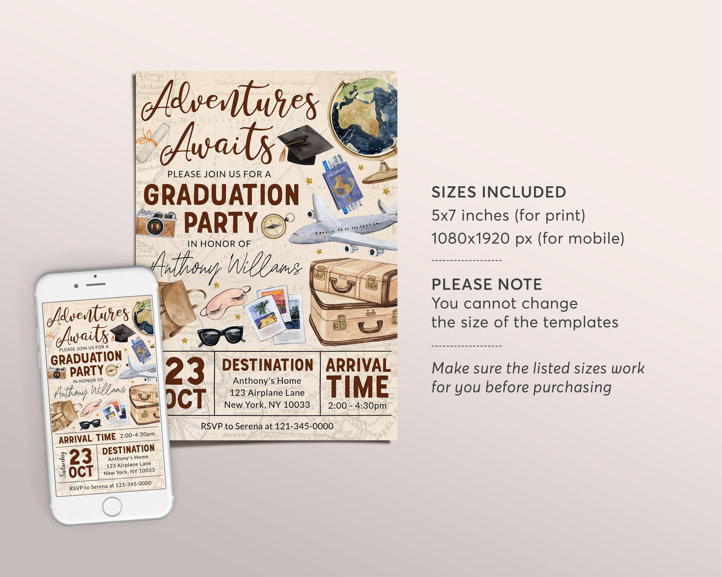 Farewell Graduation Invitation Editable Template, Travel Grad Announcement Party Invite, Around the World College High School Bon Voyage Map