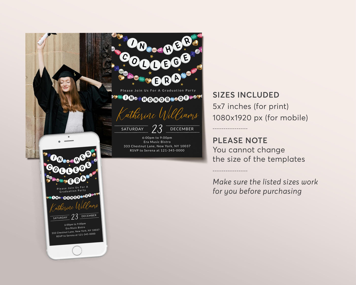 In Her College Era Invitation With Photo Editable Template, Graduation Announcement Friendship Bracelet Party Invite, Grad Black Gold Evite
