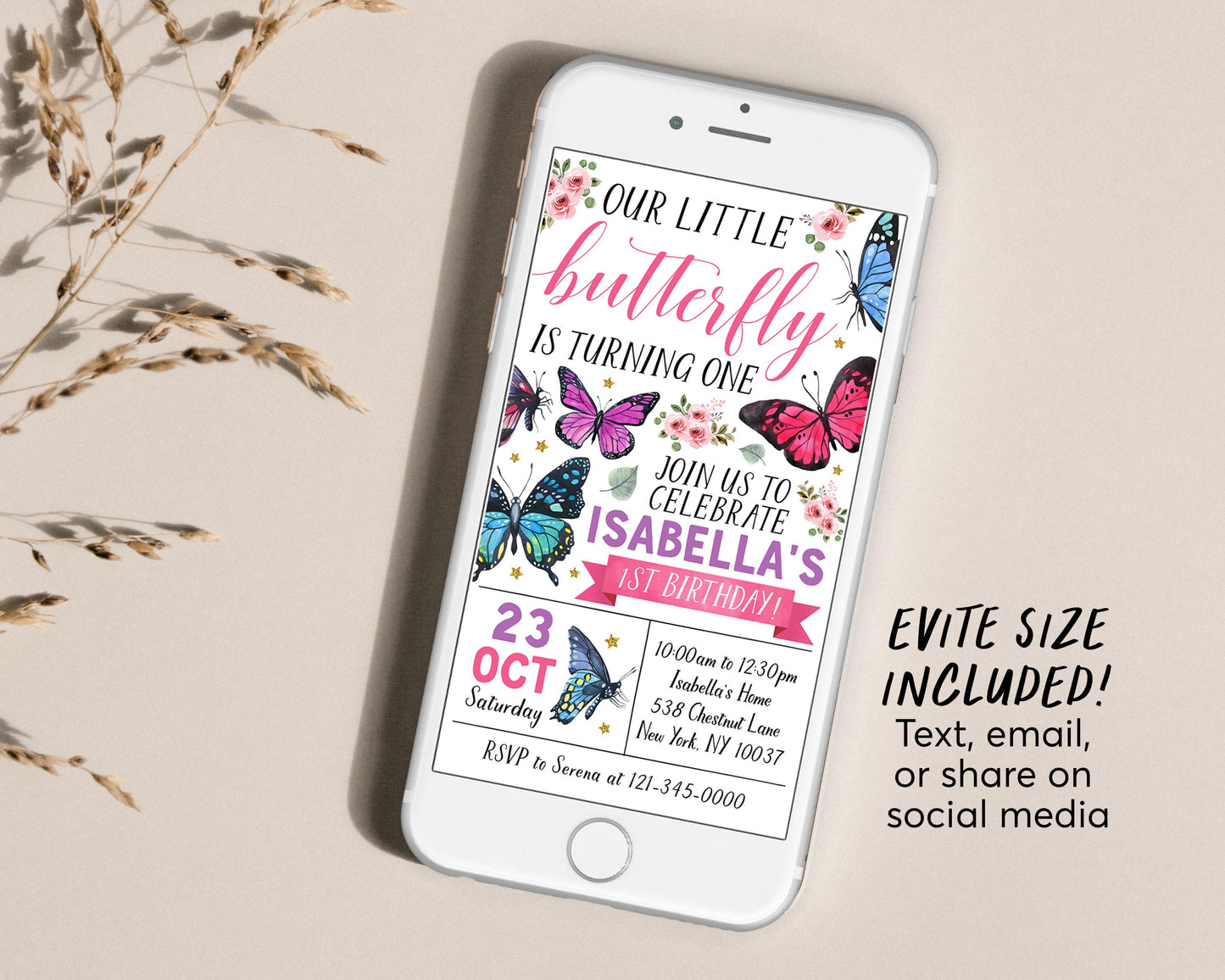 Little Butterfly Birthday Invitation With Photo Editable Template, Girl Floral Butterflies Party Invite, Kids Butterfly Garden Nature Evite