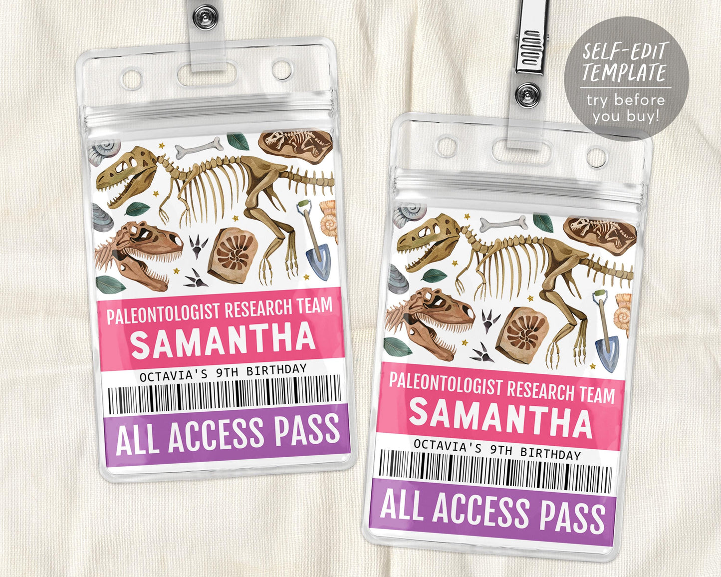 Dinosaur Party ID Badge VIP Pass Editable Template