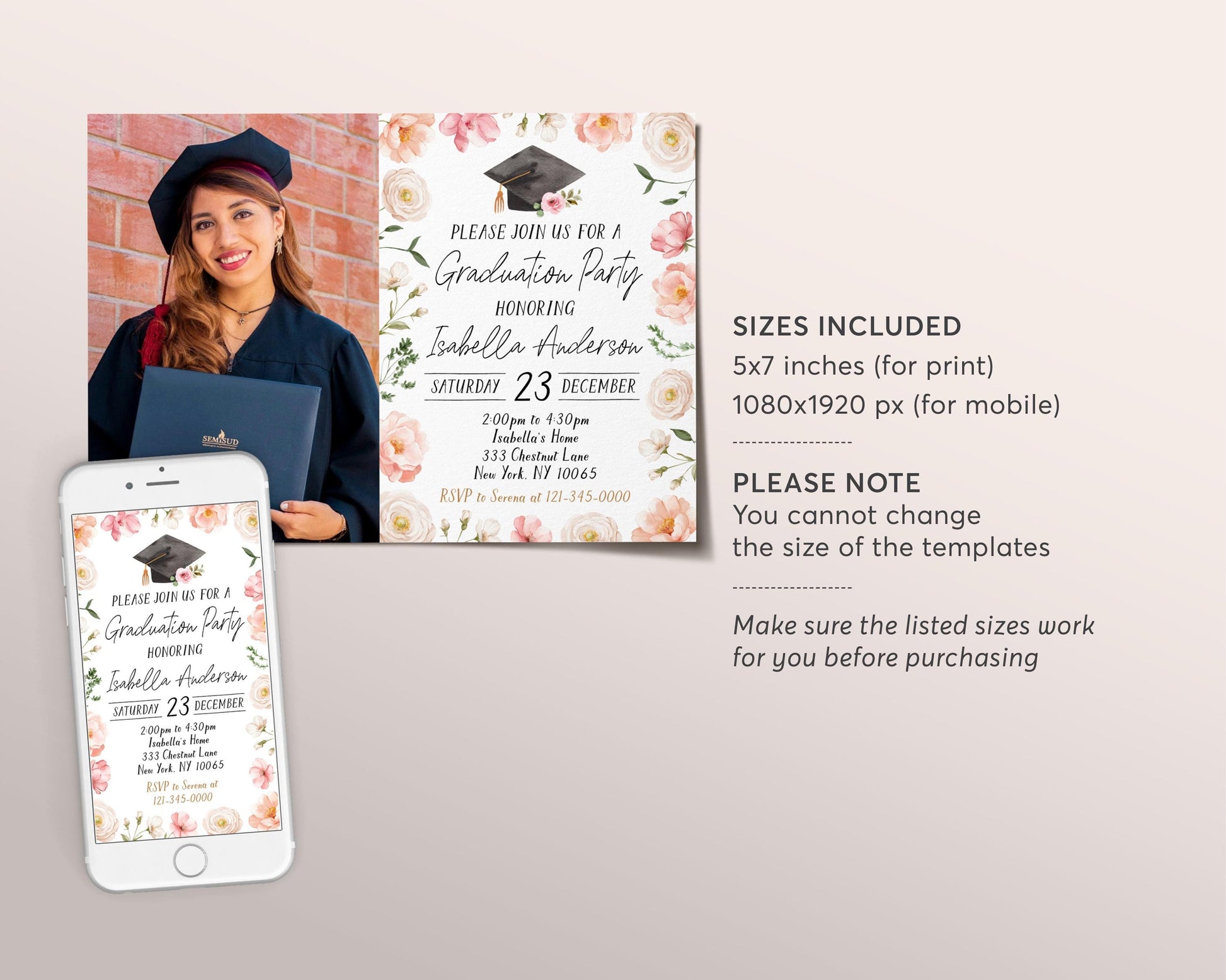 Graduation Floral Invitation With Photo Editable Template
